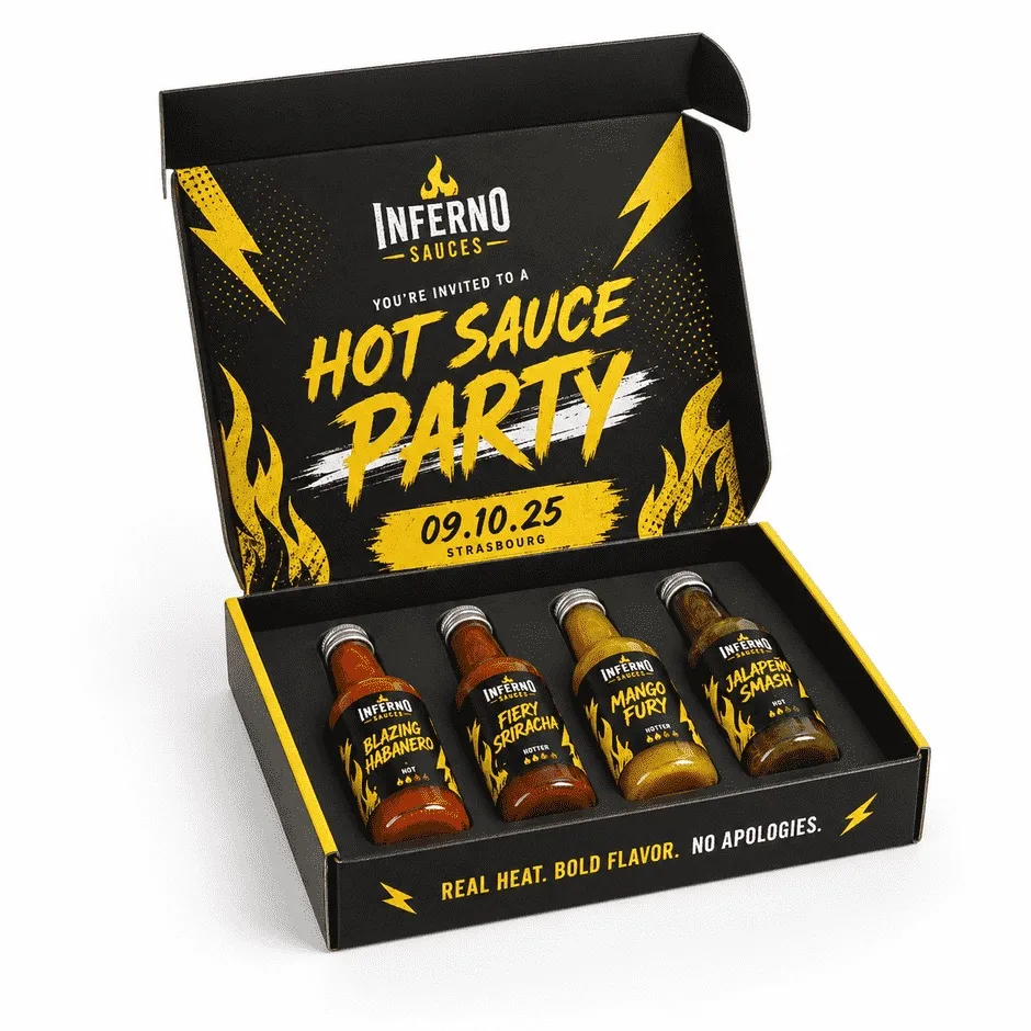 Coffret Inferno avec calage carton sur mesure pour quatre bouteilles de sauce