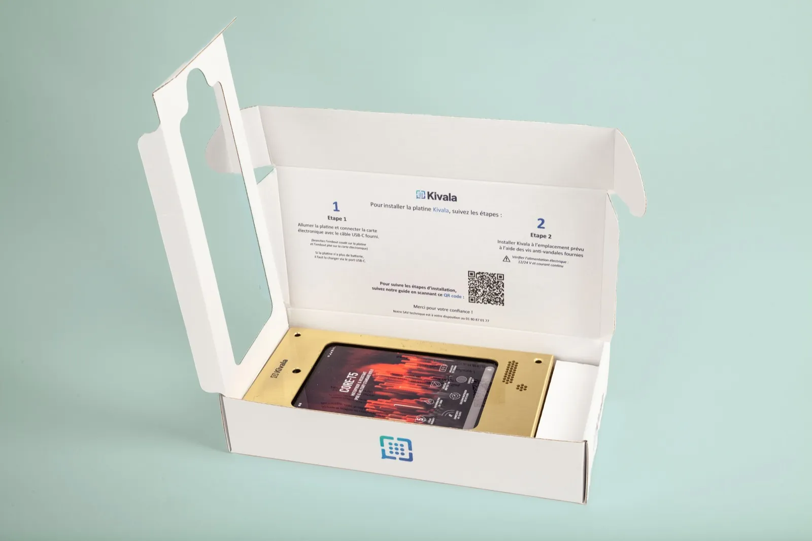 Boîte à oreilles Kivala ouverte, avec calage et impression intérieure, fabriquée par Smartpack