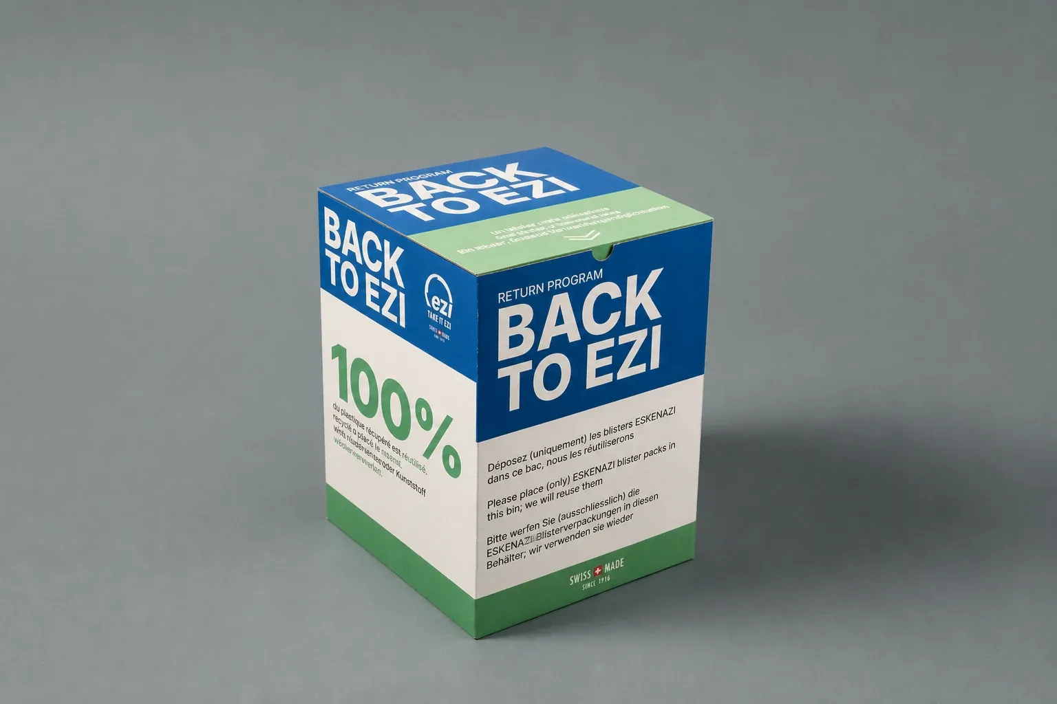 Étui carton cube imprimé Back to Ezi en bleu et vert