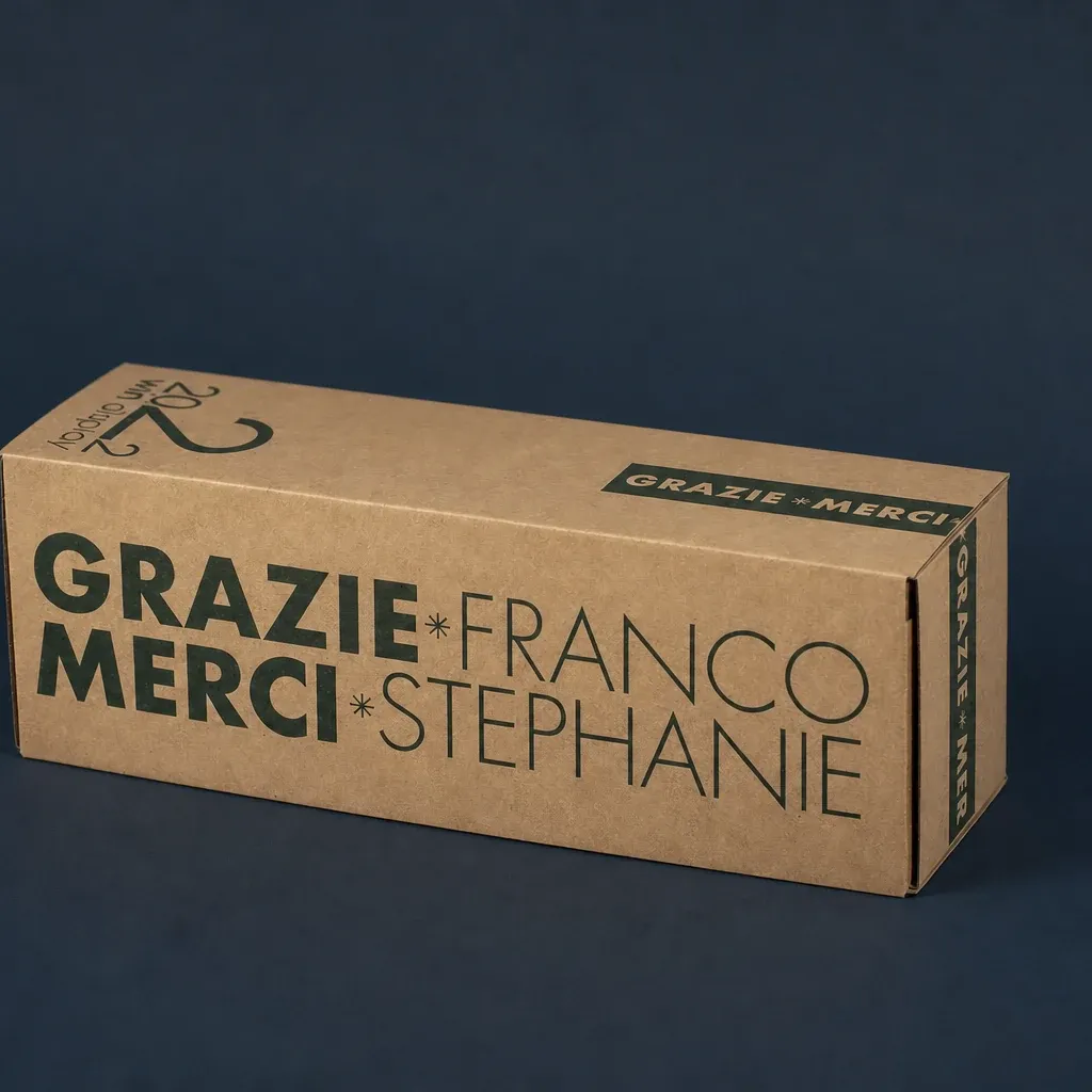 Boîte kraft allongée imprimée « Grazie Merci » pour une bouteille