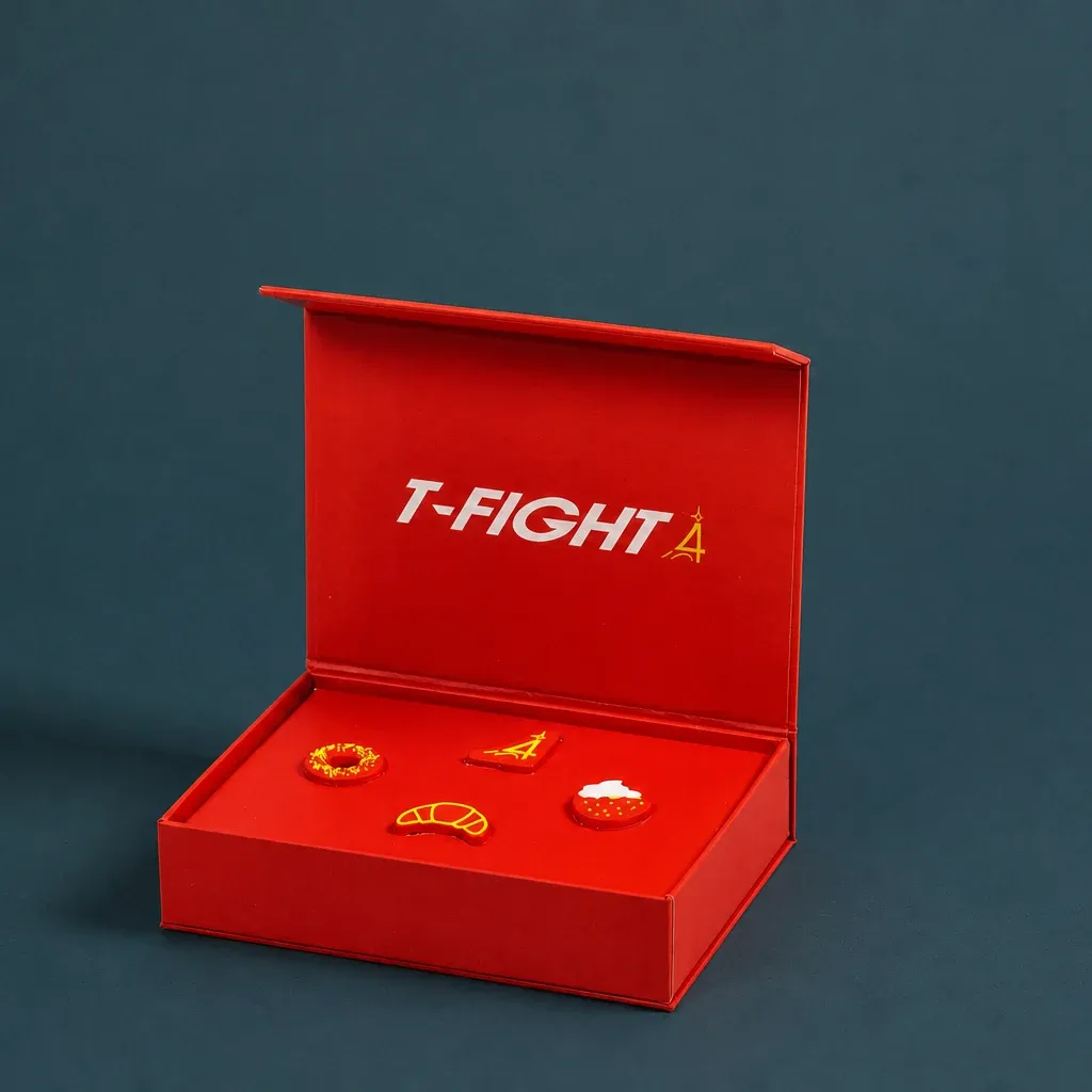 Boîte aimantée rouge Tecnifibre T-Fight ouverte, intérieur imprimé