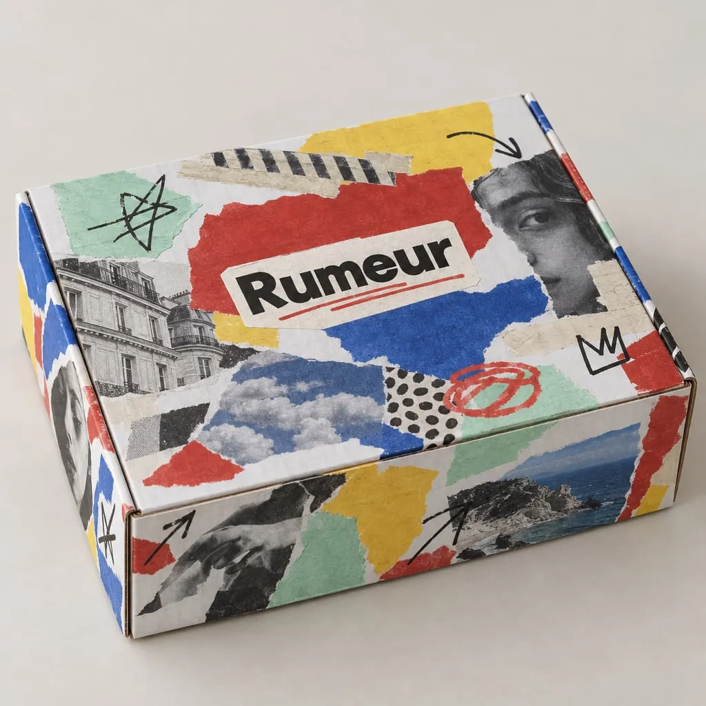Design de packaging tendance 2026 « Collage » sur une boîte à oreilles en carton blanc, marque fictive