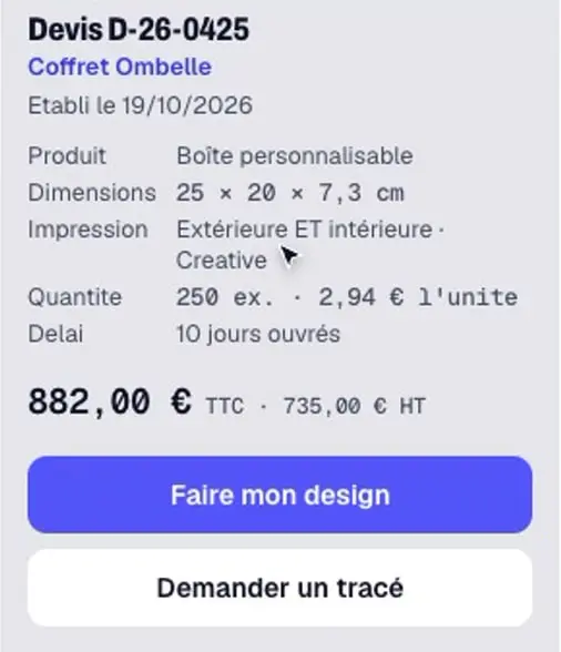 Un devis dans l'espace client Smartpack, avec les boutons « Faire mon design » et « Demander un tracé »