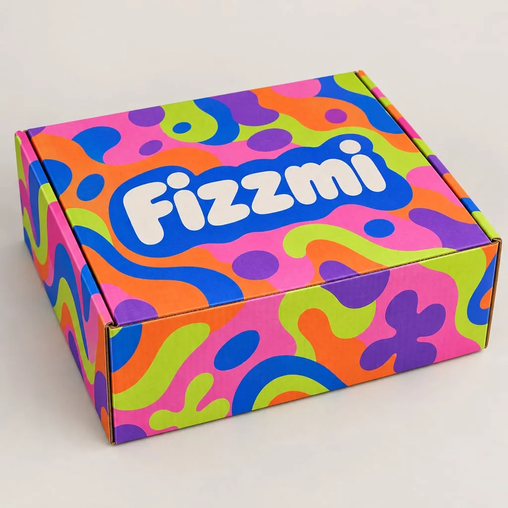 Design de packaging tendance 2026 « Couleur dopamine » sur une boîte à oreilles en carton blanc, marque fictive