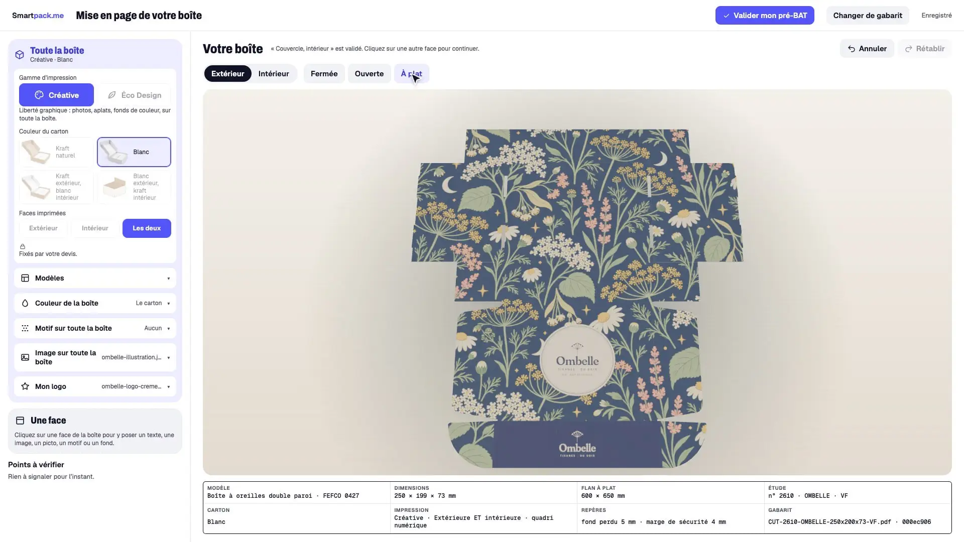 Le gabarit à plat d'une boîte à oreilles, habillé d'une illustration, dans l'outil de design Smartpack