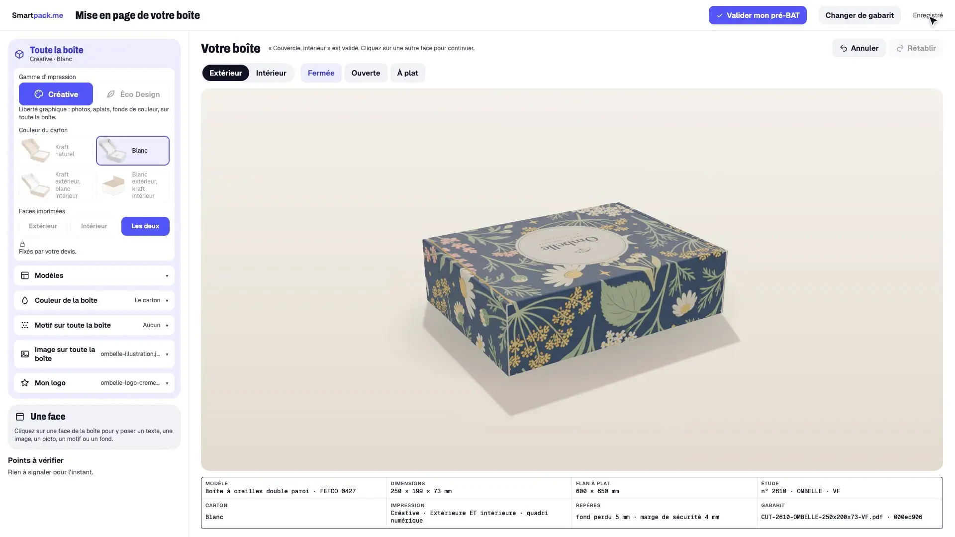 Outil de design en ligne Smartpack : une boîte à oreilles habillée d'une illustration, vue en 3D sur son gabarit (étude n° 2610)