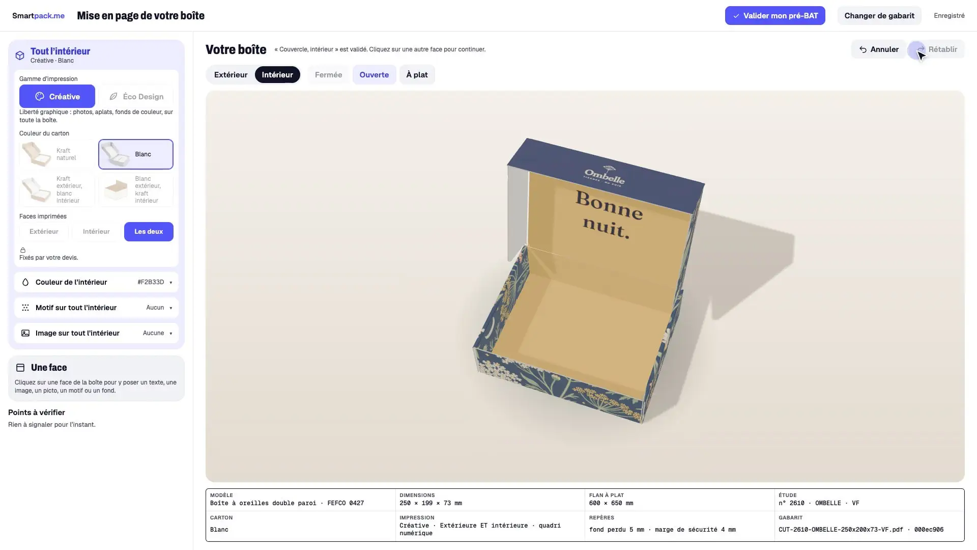 Éditeur en ligne Smartpack : l'intérieur d'une boîte à oreilles en jaune safran, avec le texte « Bonne nuit. »
