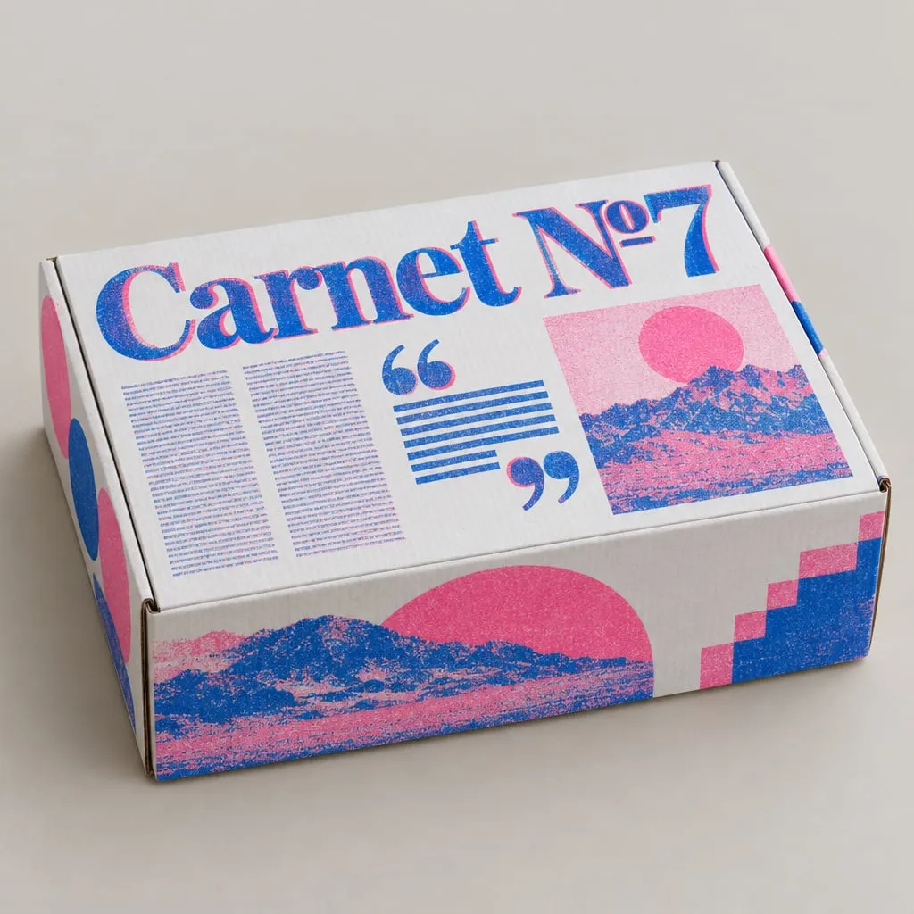 Design de packaging tendance 2026 « Éditorial » sur une boîte à oreilles en carton blanc, marque fictive