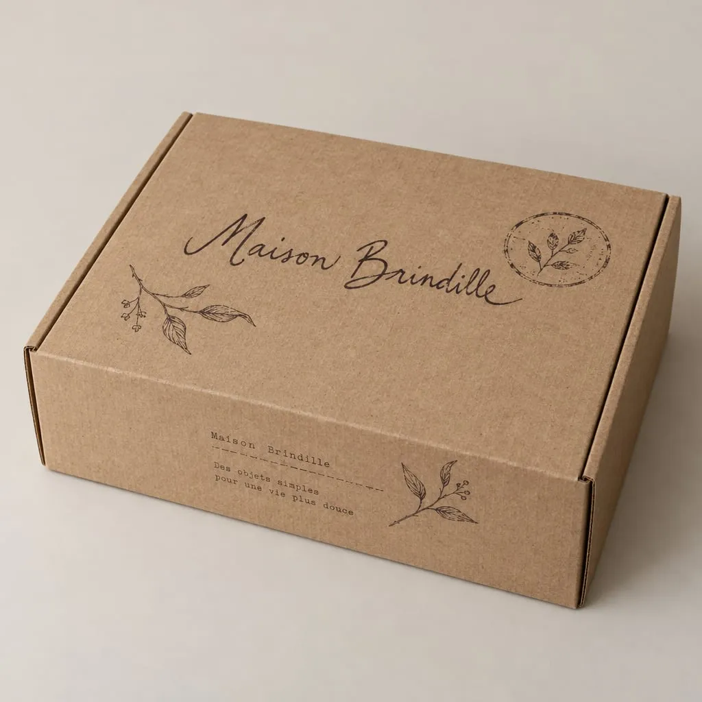 Design de packaging tendance 2026 « Fait main » sur une boîte à oreilles en carton kraft, marque fictive