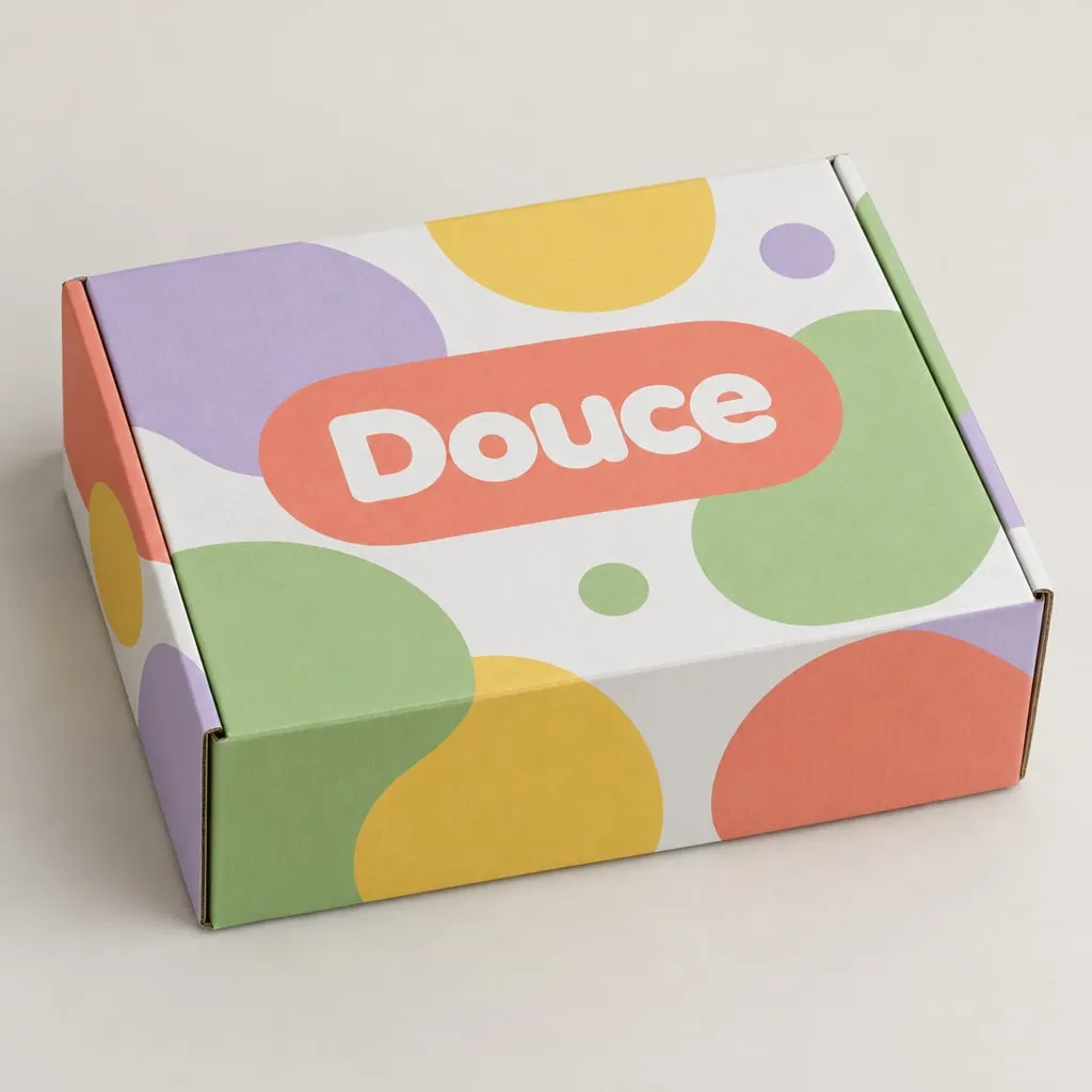 Design de packaging tendance 2026 « Formes adoucies » sur une boîte à oreilles en carton blanc, marque fictive