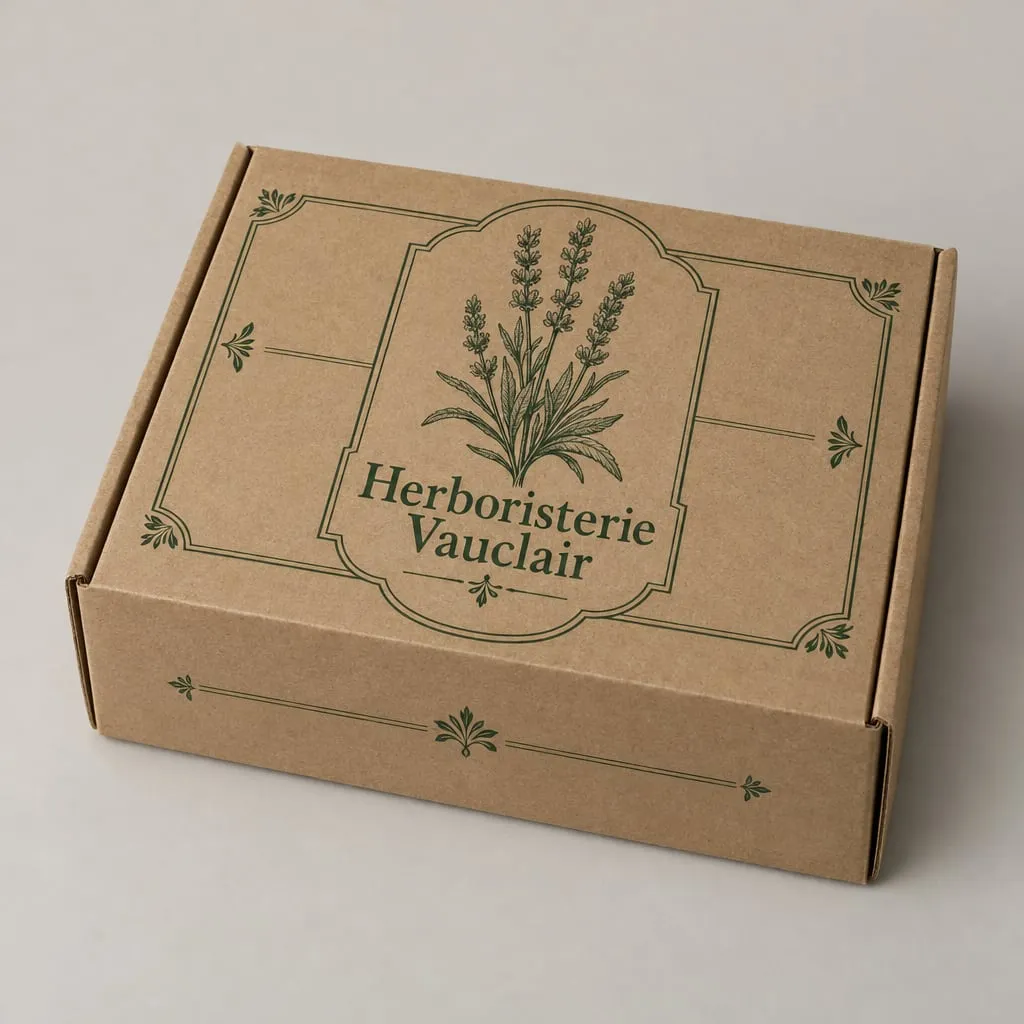 Design de packaging tendance 2026 « Gravure patrimoniale » sur une boîte à oreilles en carton kraft, marque fictive