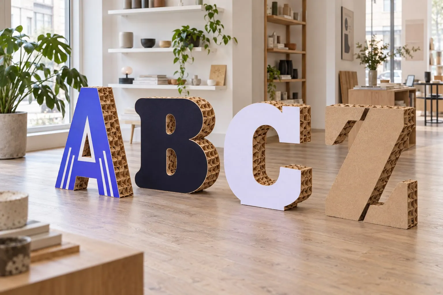 Lettres en carton en volume A, B, C et Z dans un concept store
