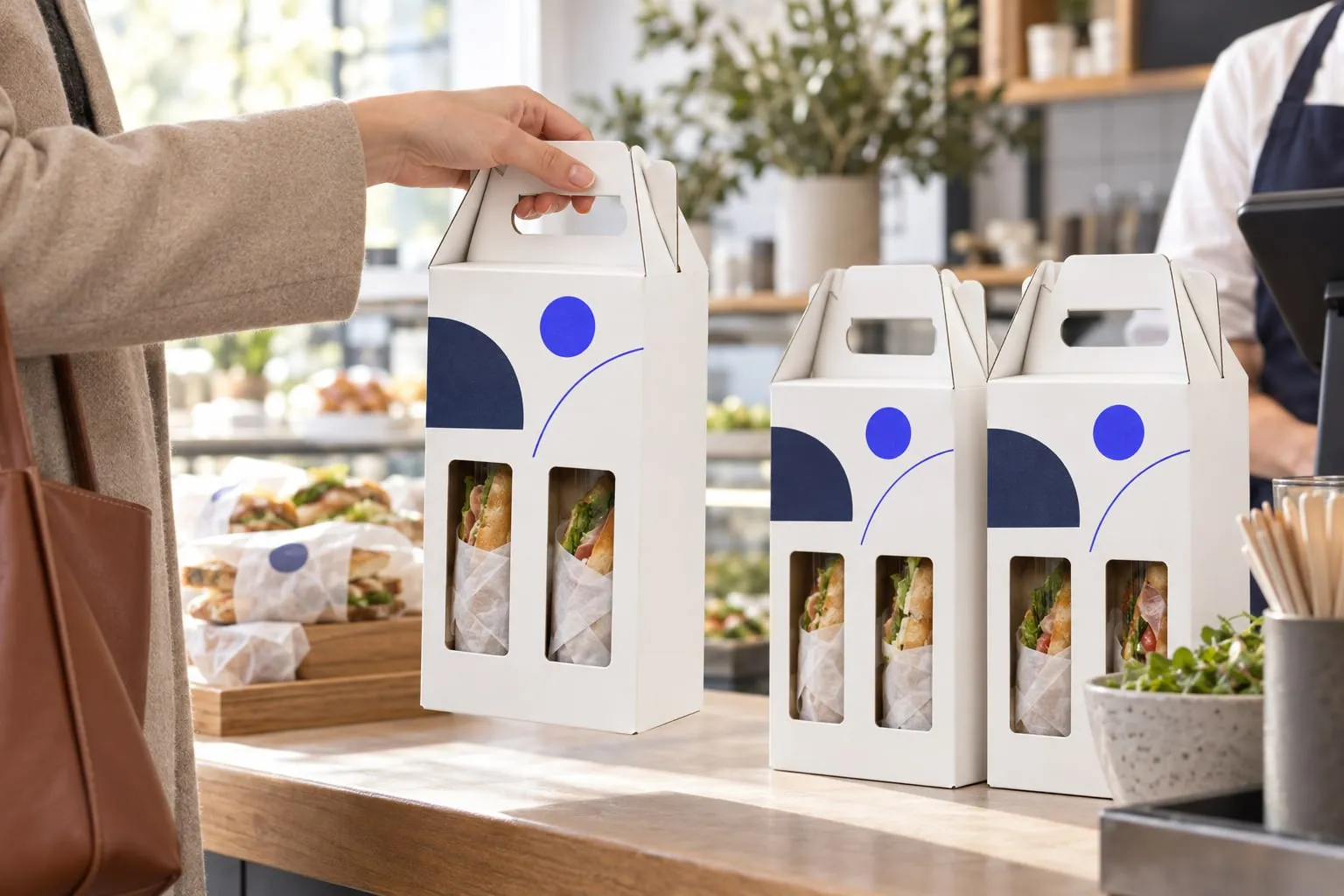 Lunch box carton blanches imprimées sur le comptoir d'un traiteur