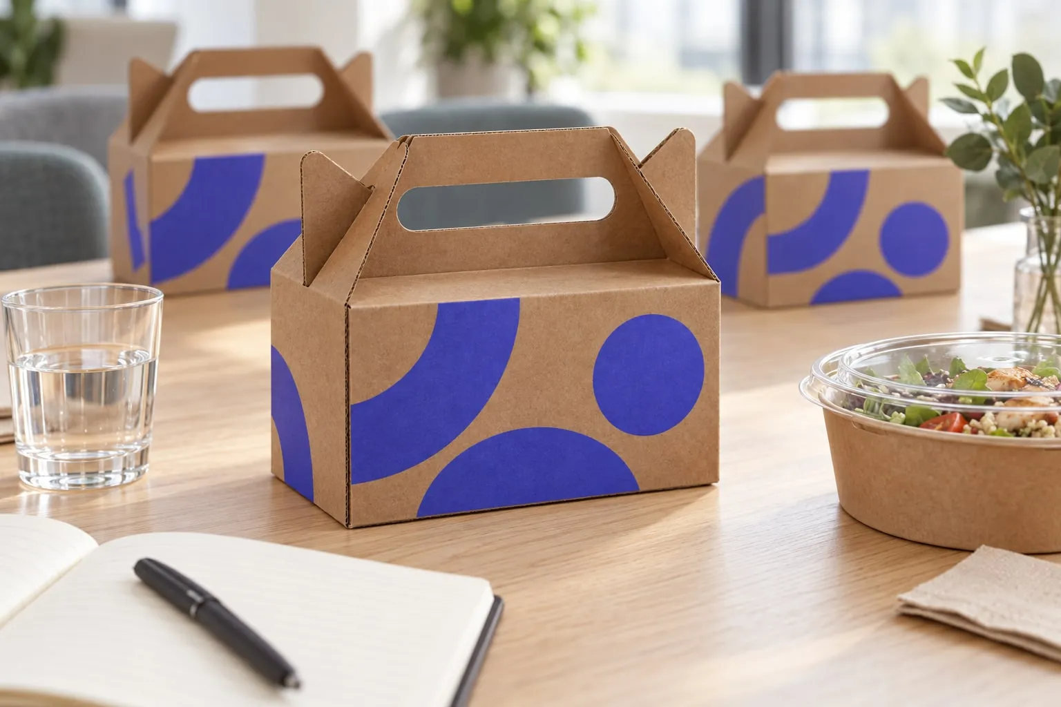Lunchbox carton personnalisées sur une table de déjeuner d'équipe