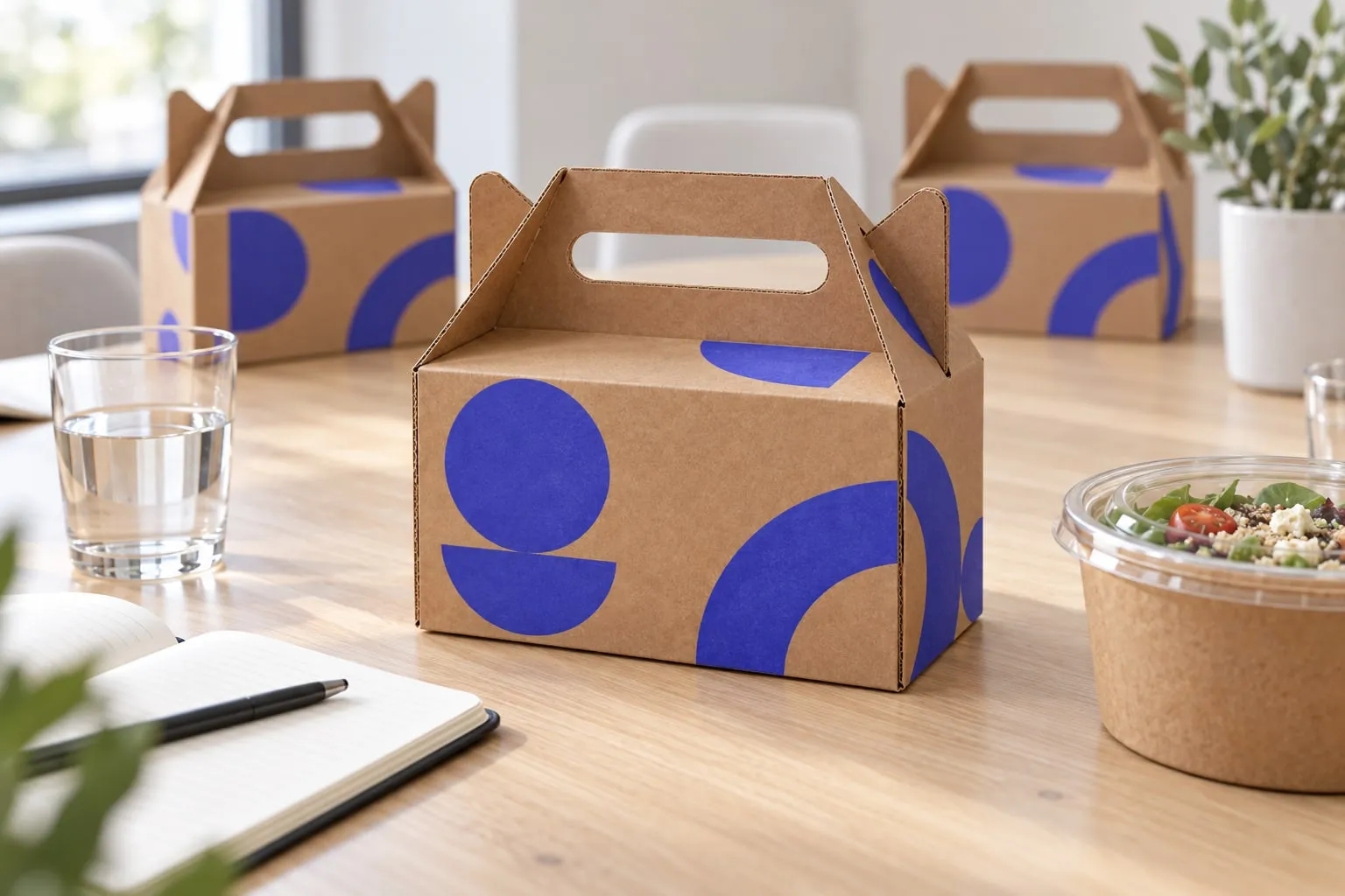 Valisette carton personnalisée utilisée comme lunchbox pour un repas de séminaire