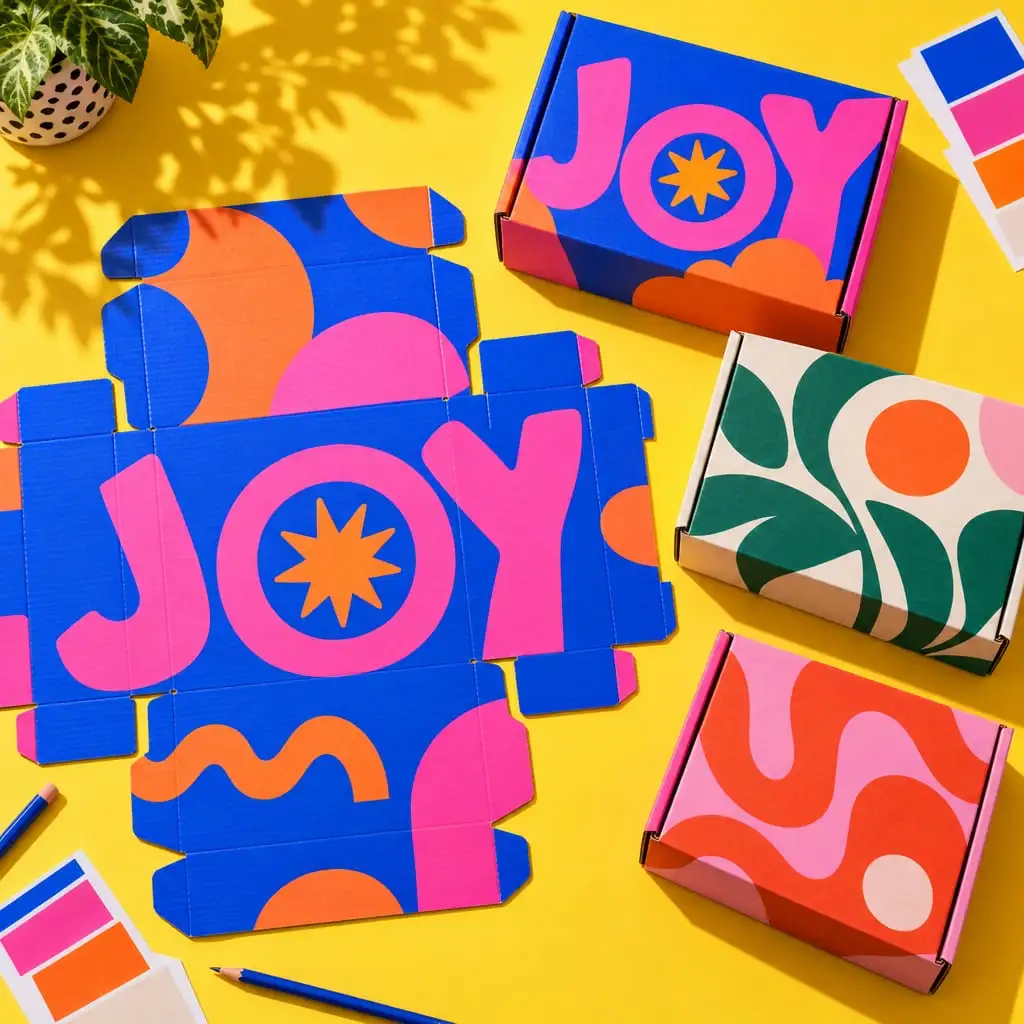 design de packaging coloré : une boîte à oreilles imprimée à plat, la même boîte montée et deux autres créations (marques fictives)