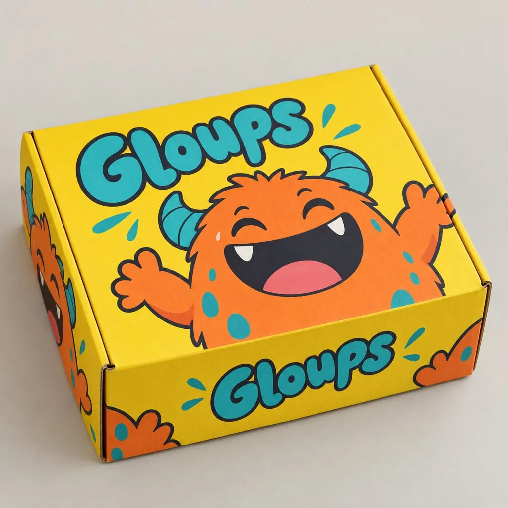 Design de packaging tendance 2026 « Personnages expressifs » sur une boîte à oreilles en carton blanc, marque fictive