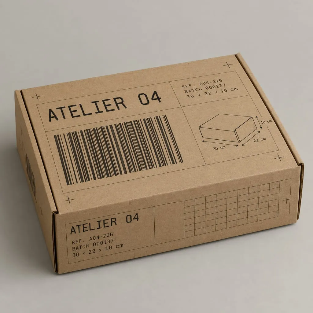 Design de packaging tendance 2026 « Esthétique technique » sur une boîte à oreilles en carton kraft, marque fictive
