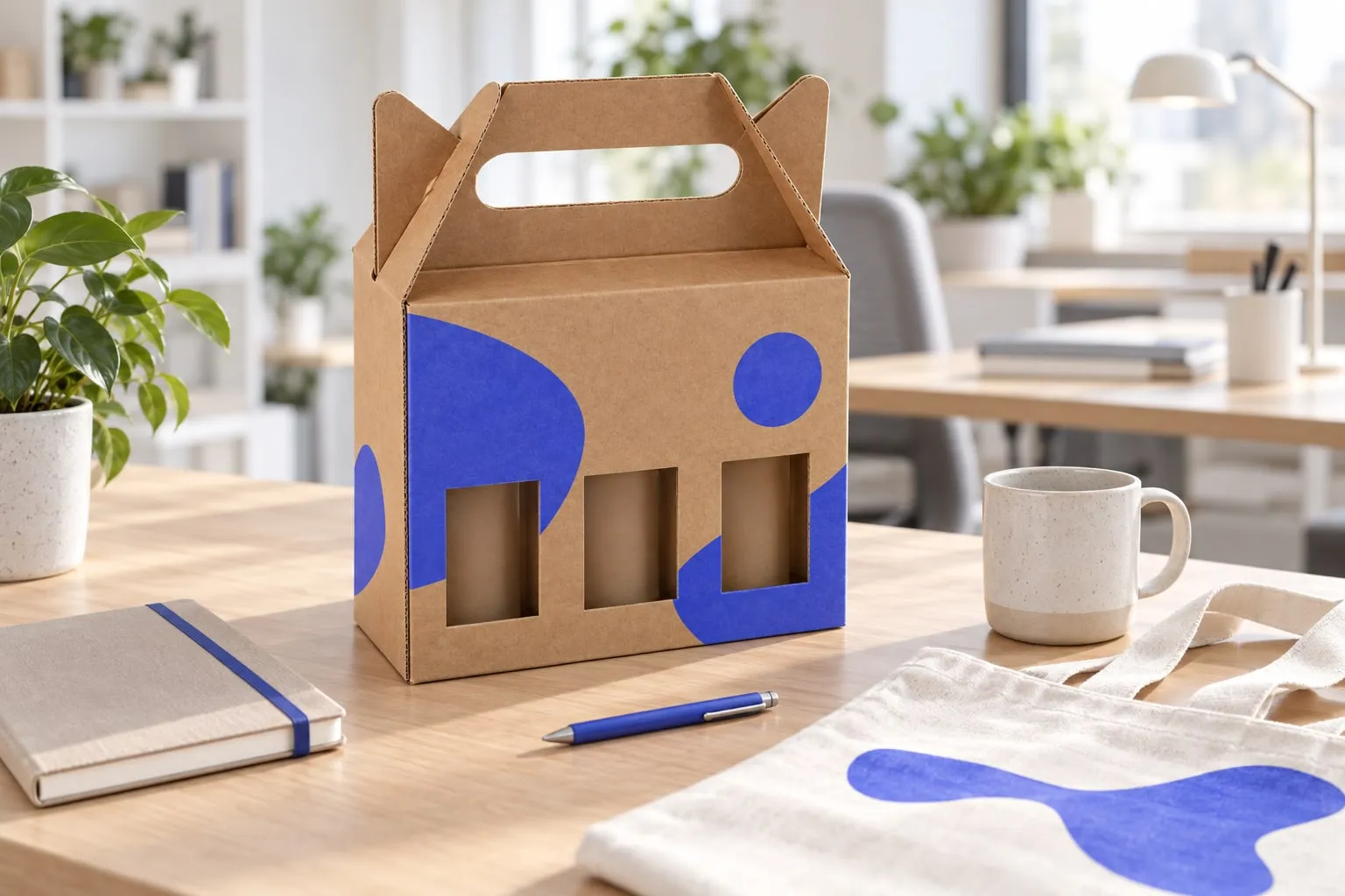 Valisette en carton imprimée utilisée comme kit d'accueil événementiel