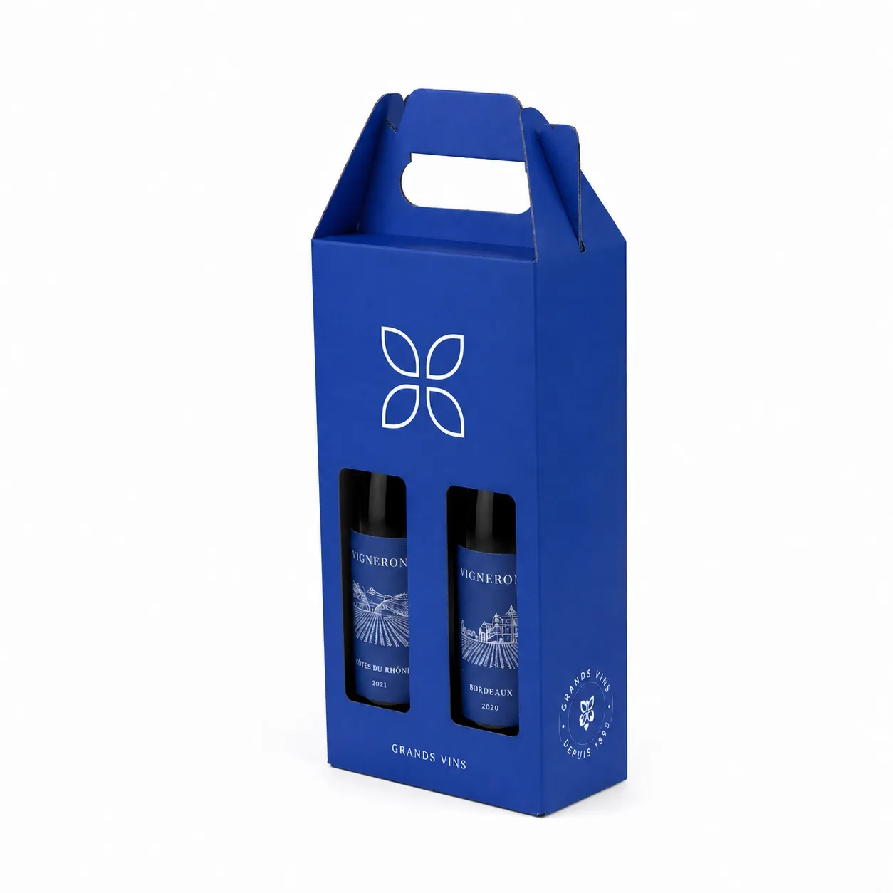 Valisette carton bleue imprimée pour deux bouteilles de vin, avec fenêtres