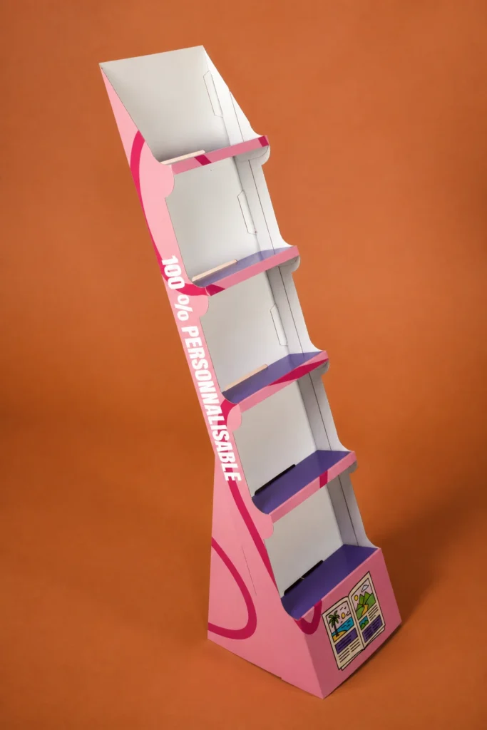 Présentoir de sol pour brochure, personnalisable, en carton et fabriqué en France. Smartpack, fabrication française